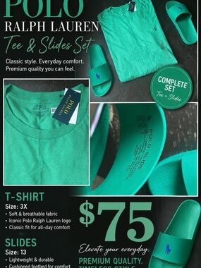 POLO Ralph Lauren men’s Green T shirt 3X & Slides 13 Set